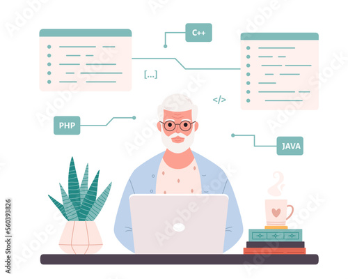 Old man working on computer at home. Programming, freelance, remote working. Modern technologies and old people. Vector illustration in flat style