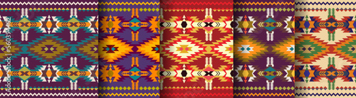 Set of Aztec geometric seamless patterns. Native American Southwest prints. Ethnic design wallpaper, fabric, cover, textile, rug, blanket.