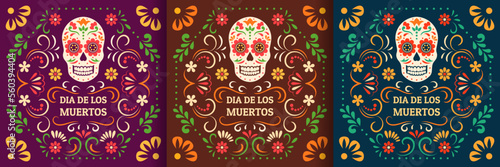Day of the Dead, Dia de los Muertos. Colorful Mexican cards, posters, banners with flowers and skulls.