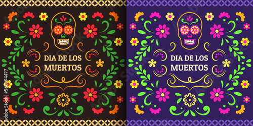 Day of the Dead, Dia de los Muertos. Colorful Mexican cards, posters, banners with flowers and skulls.