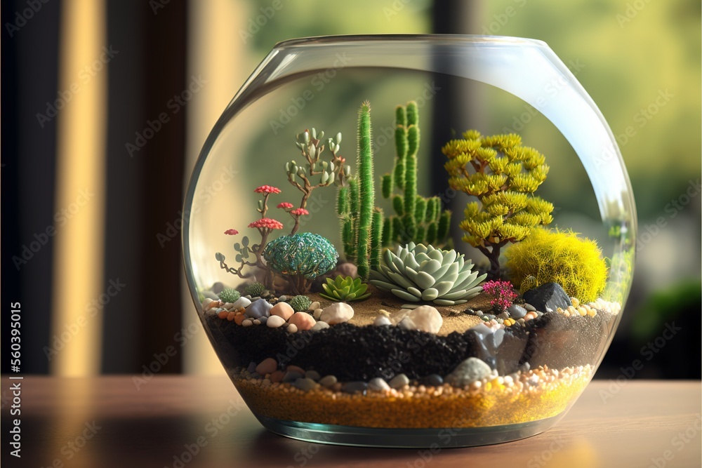 Mini succulent garden in glass terrarium , ai generated Stock Illustration