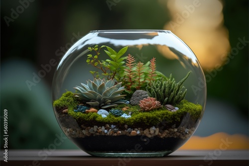Mini succulent garden in glass terrarium , ai generated photo