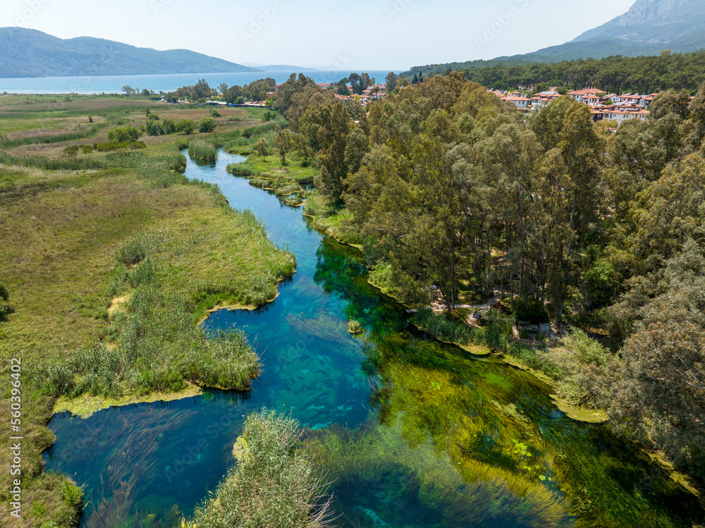 Akyaka - Mugla - Turkey,  Akyaka River view in Akyaka Village of Turkey. Drone shot.