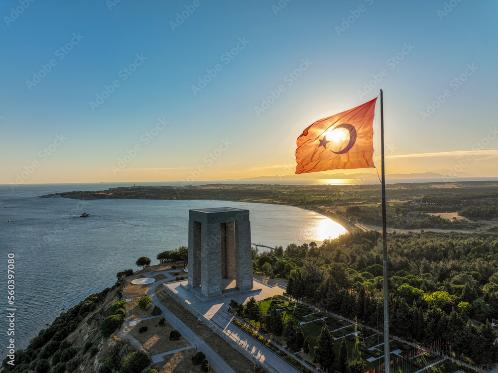Canakkale - Turkey, September 12, 2021 Gallipoli peninsula, where Canakkale land and sea battles took place during the first world war. Martyrs monument and Anzac Cove. Photo shoot with drone.