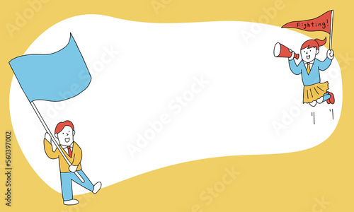 旗を持って応援する学生のイラストフレーム