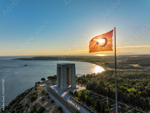 Canakkale - Turkey, September 12, 2021 Gallipoli peninsula, where Canakkale land and sea battles took place during the first world war. Martyrs monument and Anzac Cove. Photo shoot with drone. photo