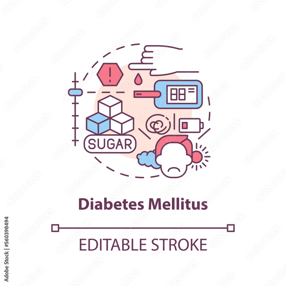 Diabetes mellitus concept icon. Blood glucose level. Chronic diseases major group abstract idea thin line illustration. Isolated outline drawing. Editable stroke. Arial, Myriad Pro-Bold fonts used
