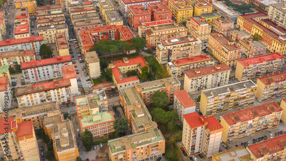 Aerial view of buildings in the Fuorigrotta district in Naples, Italy.