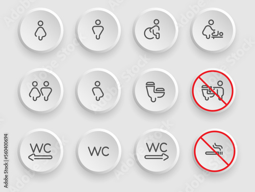 Set of buttons neumorphism. Toilet Room Silhouette Icon. Set of WC Sign. Bathroom, Restroom Pictogram. Public Washroom for Disabled, Male, Female, Transgender. Mother and Baby Room. No smoking Sign. 