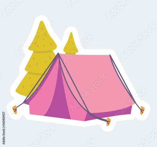 Camping tent for outdoors rest in forest, trekking equipment. Vector illustration in cartoon sticker design