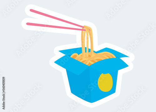 Asian wok noodles in box with chopsticks. Fast food and takeaway. Vector illustration in cartoon sticker design