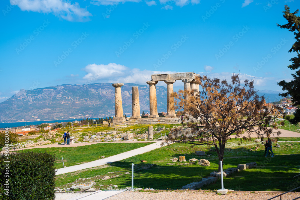 Beautiful landscape view on ruins of Apollo Temple of Ancient Corinth, Greece.