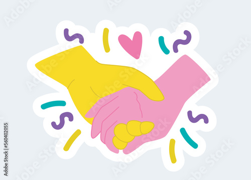 Human hands holding together, support and romantic gesture. Vector illustration in cartoon sticker design