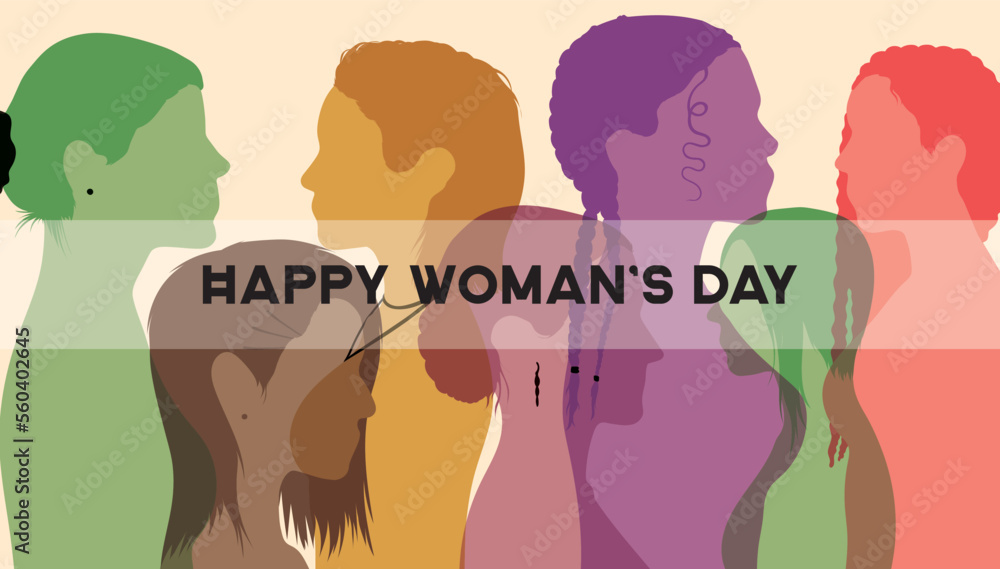 There's a group of women from different ethnicities standing together. Banner. International Women's Day. Flat vector illustration