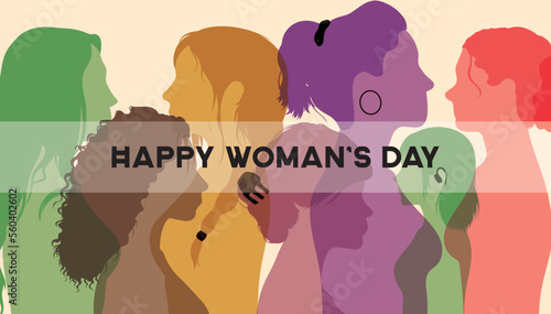 A group of women from different ethnicities stands together. International Womens Day. Banner