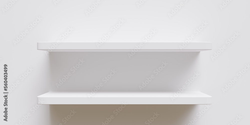 Shelf white color empty isolated cutout on white wall background. Exhibition equipment. 3d render Shelf white color empty isolated cutout on white wall background. Exhibition equipment. 3d render