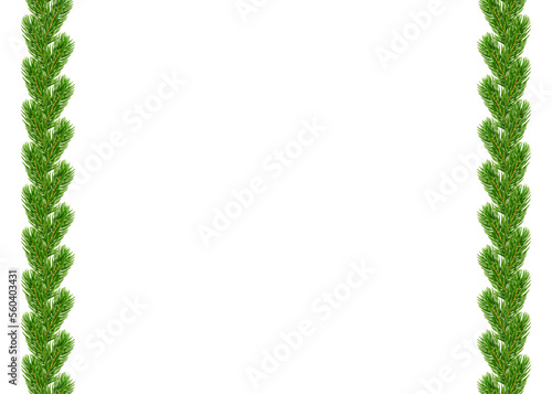 Christmas branch frame 3D. Green garland border isolated on white background. Template texture for holiday banner, decoration, invitation, New Year card. Elegant realistic design Vector illustration