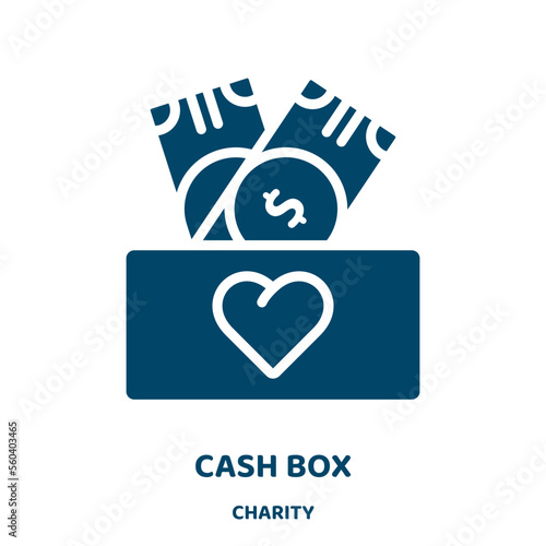 cash box vector icon from charity collection. cash filled flat symbol for mobile concept and web design. Black sale glyph icon. Isolated sign, logo illustration. Vector graphics.