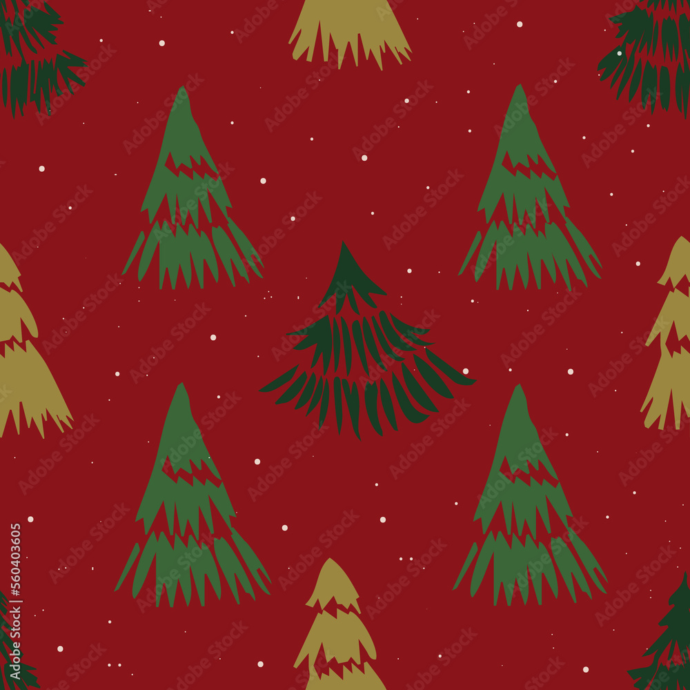 A seamless red pattern with hand-drawn green pine trees, a vivid Christmas tree background