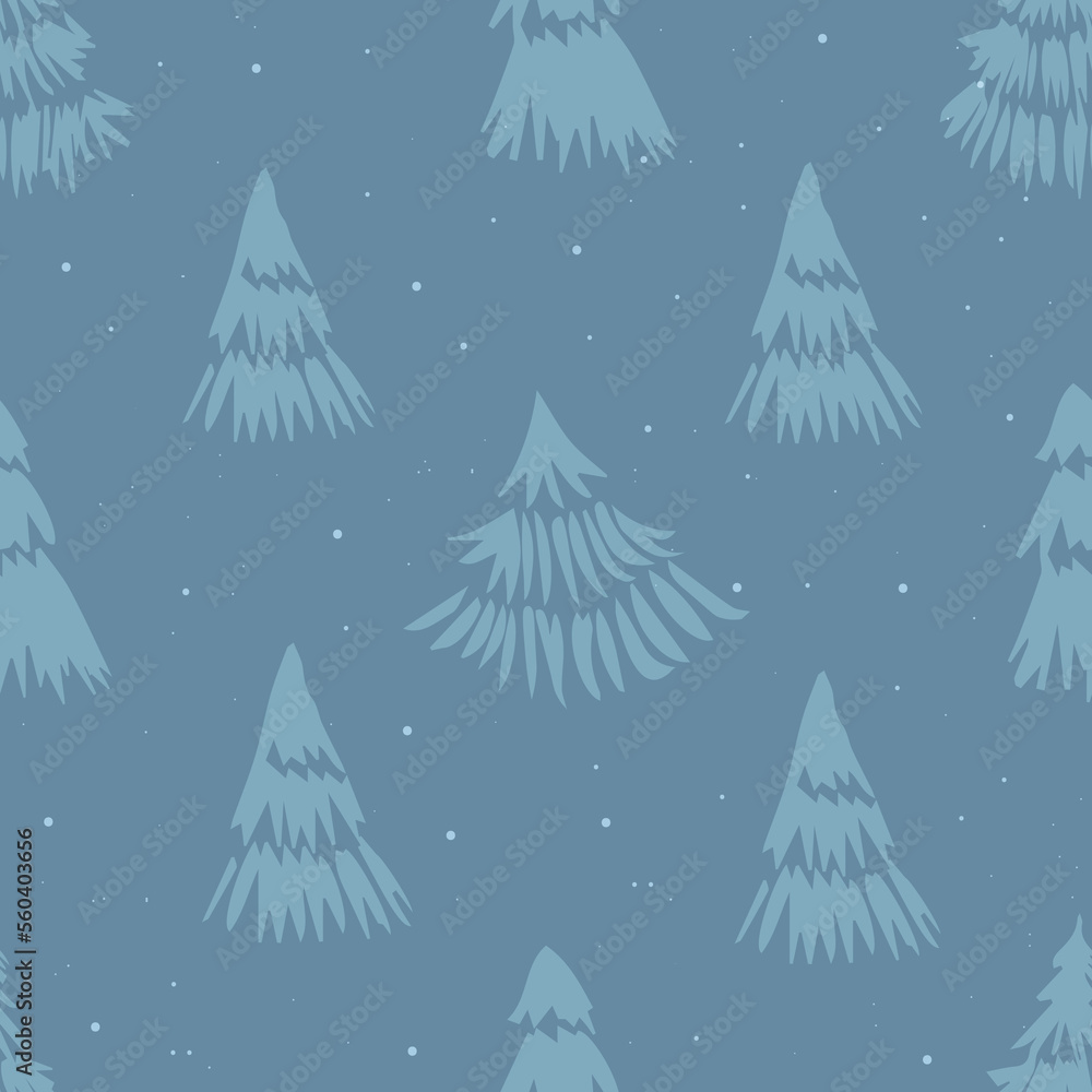 A seamless sketchy pattern with pine trees, a winter forest background in light blue A seamless sketchy pattern with pine trees, a winter forest background in light blue