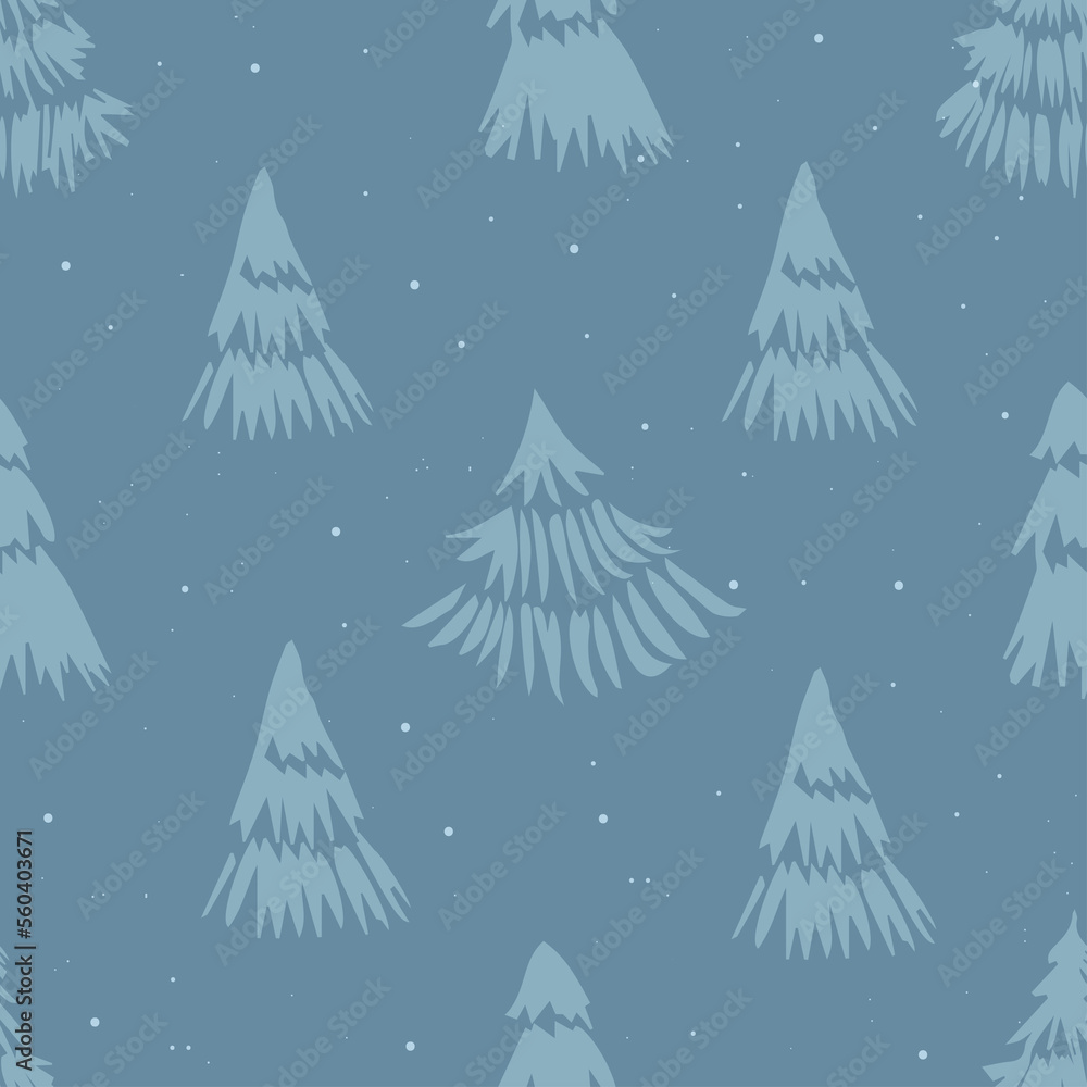 A seamless sketchy pattern with pine trees, a winter forest background in light blue A seamless sketchy pattern with pine trees, a winter forest background in light blue