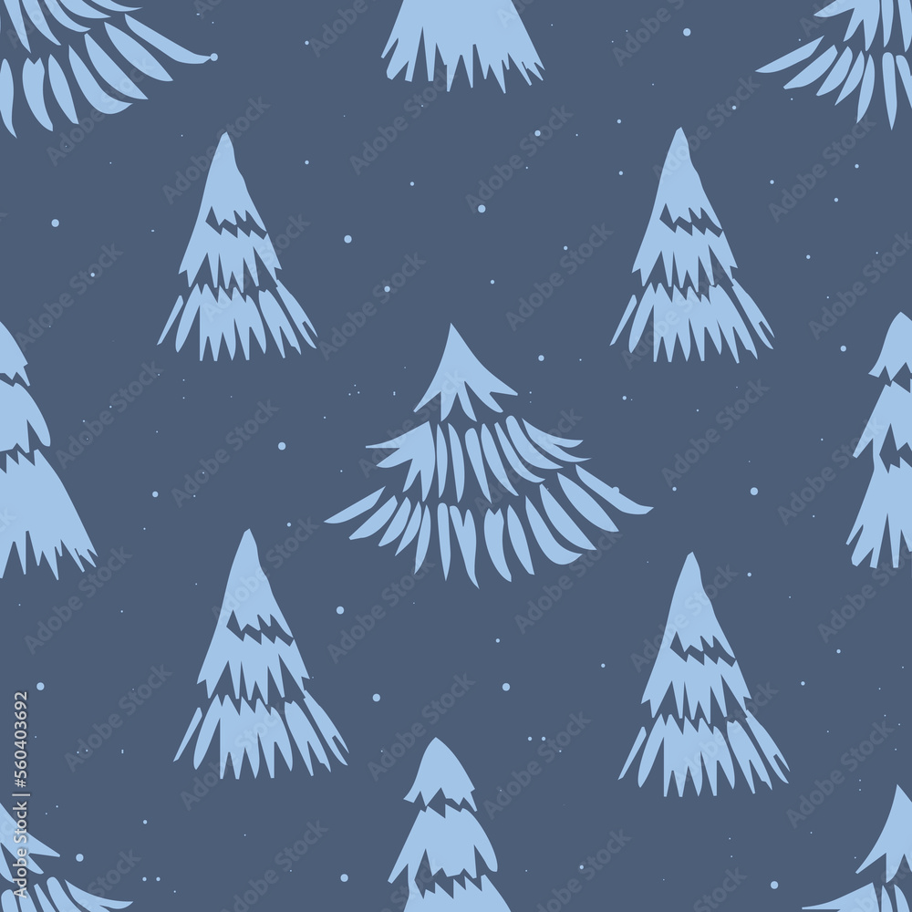 A seamless sketchy pattern with pine trees, a winter forest background in light blue A seamless sketchy pattern with pine trees, a winter forest background in light blue