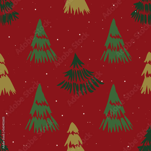 A seamless red pattern with hand-drawn green pine trees  a vivid Christmas tree background