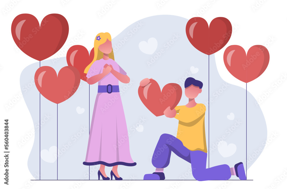 Love. A man gives his heart to a woman. Balloons in the shape of hearts on the back Love. A man gives his heart to a woman. Balloons in the shape of hearts on the back