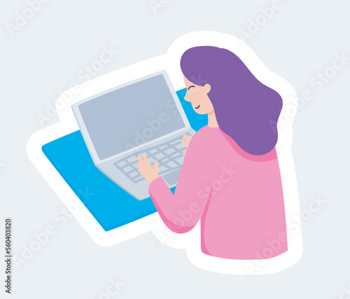 Happy woman working online using laptop. Stay at home. Vector illustration in cartoon sticker design