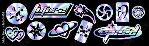Holographic y2k rave foil Set of Abstract Trendy stickers, barb wire, cool rave futuristic symbols and typography, hardcore glitch rock Vector Graphic with textured foil effect.