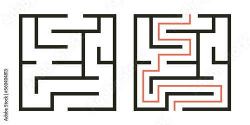 Abstract maze. Find right way. Isolated simple square maze black line on white background. Vector illustration.