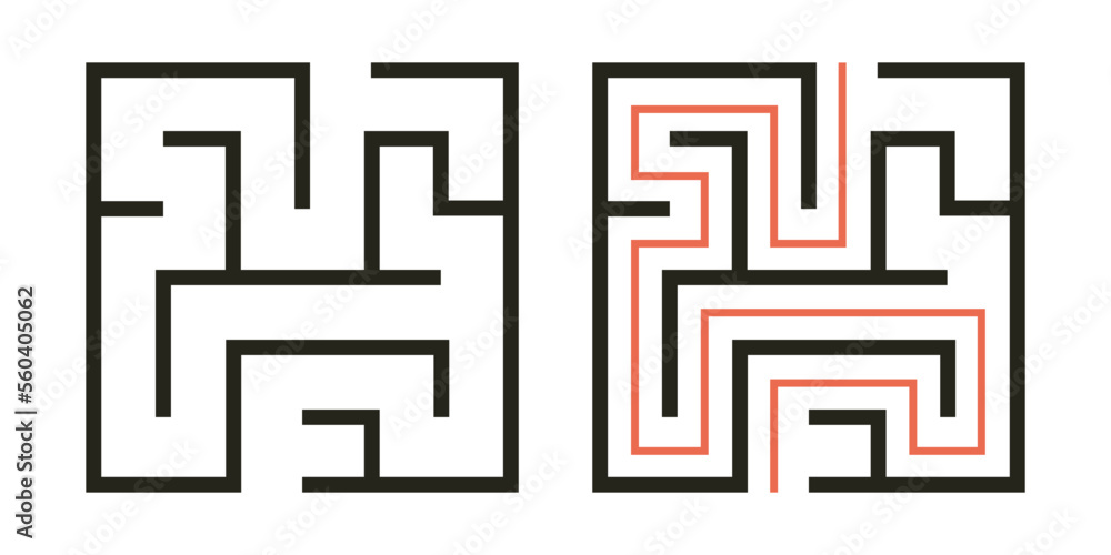 Abstract maze. Find right way. Isolated simple square maze black line on white background. Vector illustration. Abstract maze. Find right way. Isolated simple square maze black line on white background. Vector illustration.