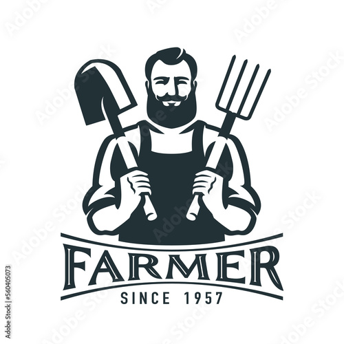 Farmer holding shovel and pitchfork, black emblem vector. Agriculture, farm, growing organic food badge or logo