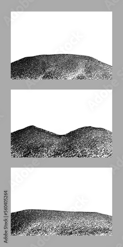 Set of sand hills. Mountains silhouette. Black grainy texture isolated on white background. Dust overlay. Dark noise granules. Digitally generated image. Vector design elements. Illustration, Eps 10.
