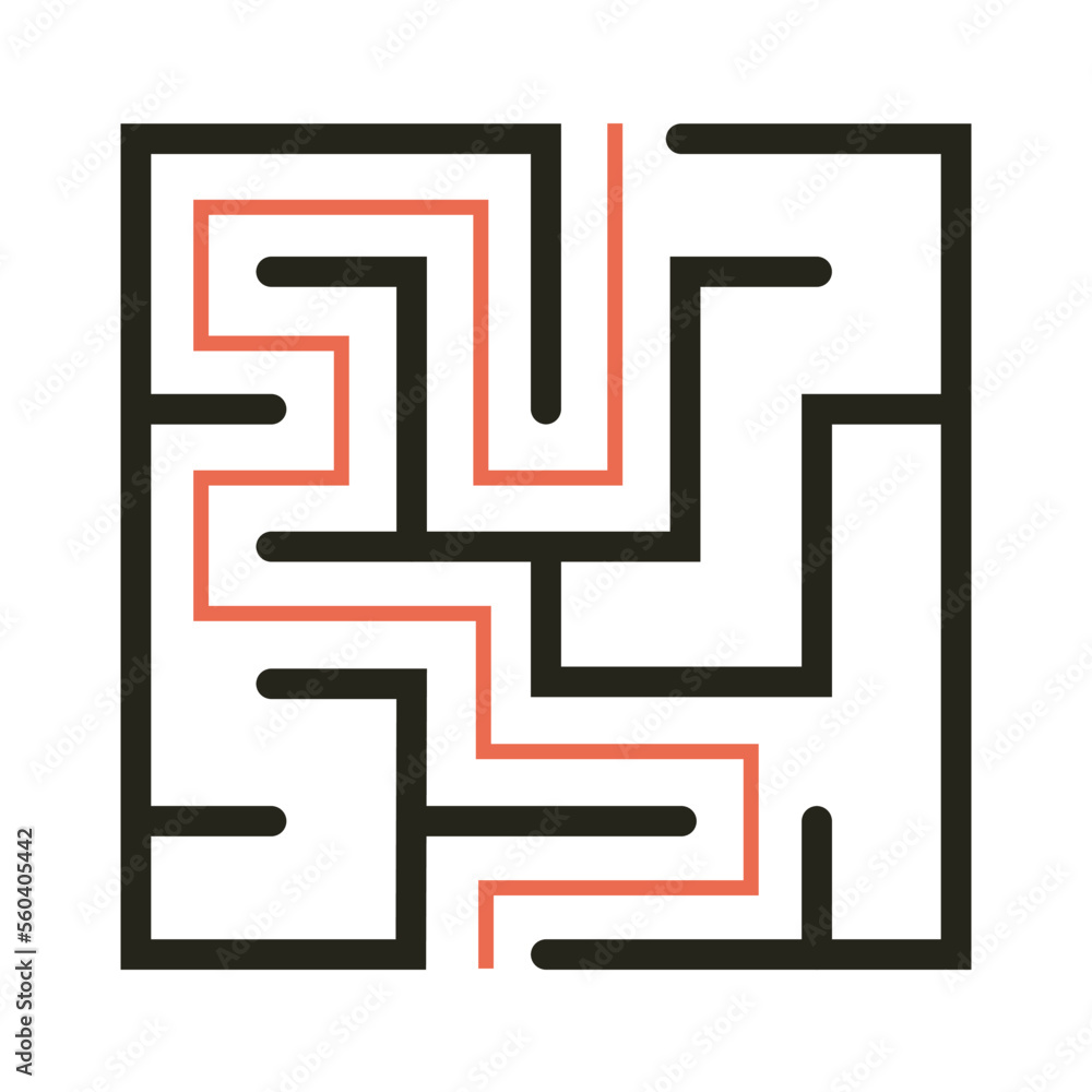 Abstract maze. Find right way. Isolated simple square maze black line on white background. Vector illustration. Abstract maze. Find right way. Isolated simple square maze black line on white background. Vector illustration.