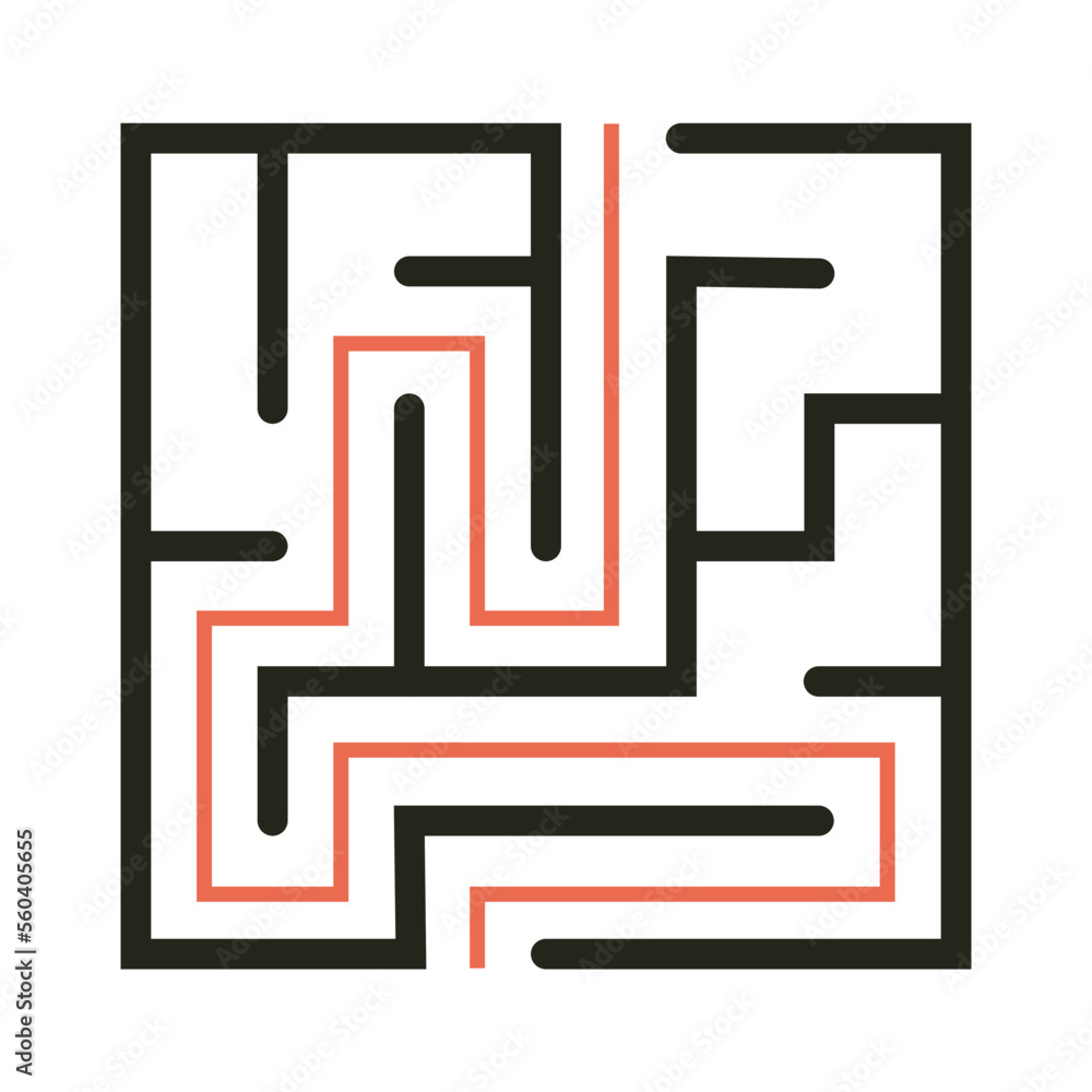 Abstract maze. Find right way. Isolated simple square maze black line on white background. Vector illustration. Abstract maze. Find right way. Isolated simple square maze black line on white background. Vector illustration.