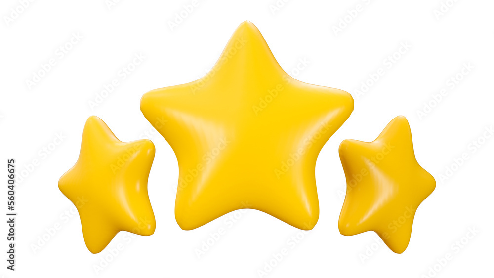 Three yellow stars in cartoon style. The concept of rating customer reviews about a site employee. Achievements for games. 3d illustration Three yellow stars in cartoon style. The concept of rating customer reviews about a site employee. Achievements for games. 3d illustration
