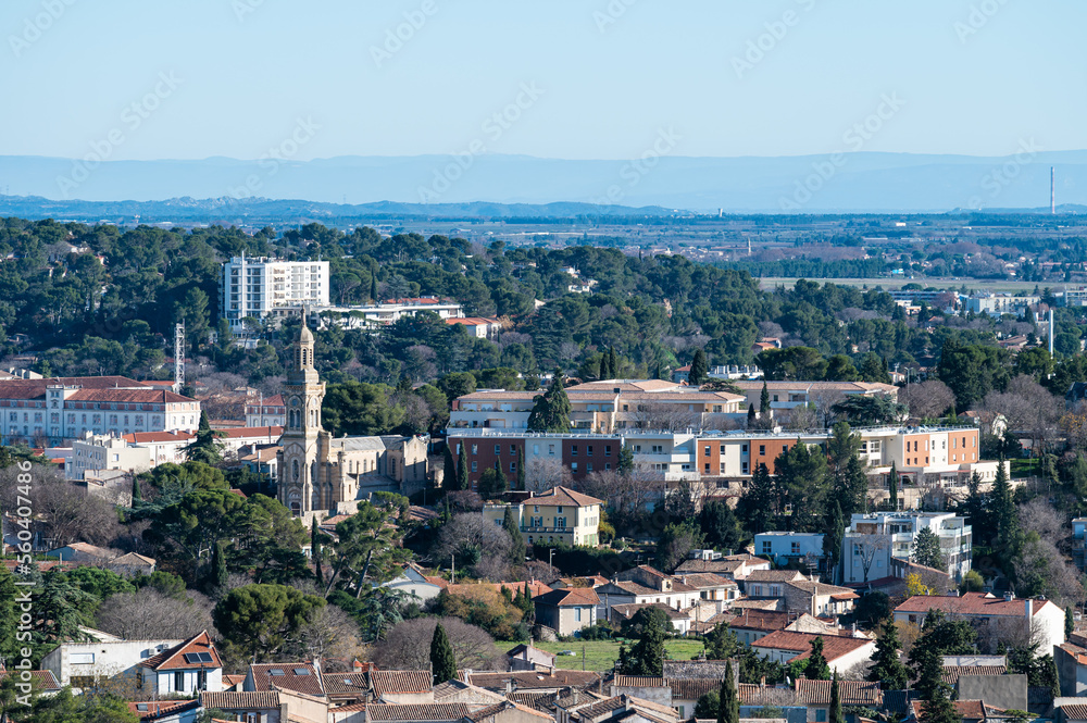 Nimes, Occitanie, France - High angle panorama over the city center