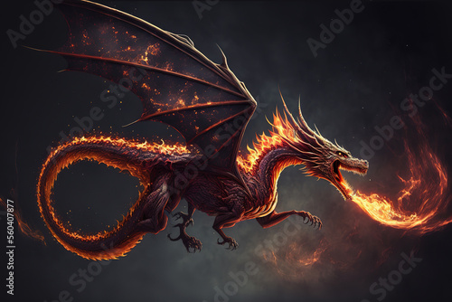 Fire breathes explode from a giant dragon in a black night, the epic battle  evil - concept art (ai generated) © ImagineDesign