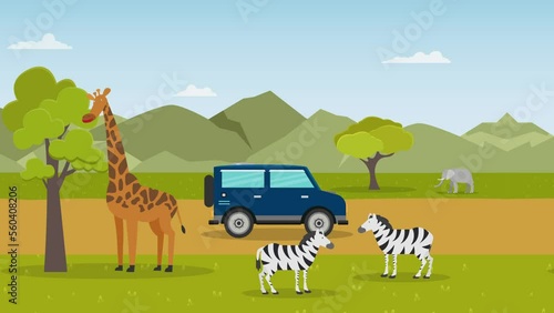 Seamless loopable car driving in a safari zoo 2d animation cartoon in 4k