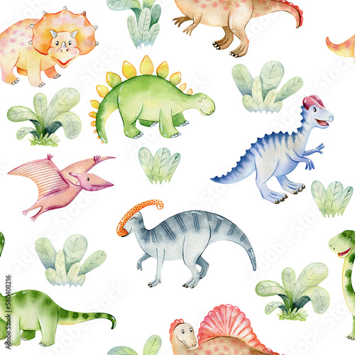 Fototapeta Naklejka Na Ścianę i Meble -  Watercolor cute dinosaurs.
