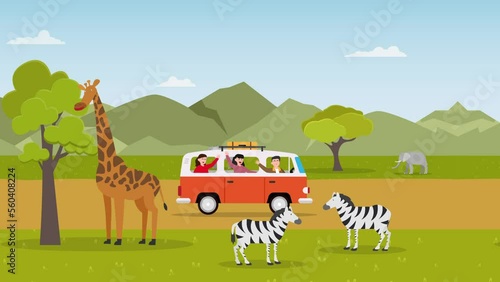 Seamless loopable van with tourists driving in a safari zoo 2d animation cartoon in 4k
