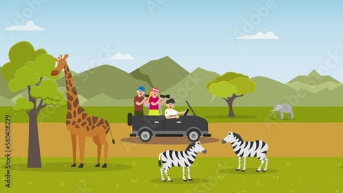Seamless loopable SUV with tourists driving in a safari zoo 2d animation cartoon in 4k