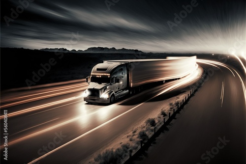  highway, Truck on a motorway, motion blur, light trails. Evening or night shot of trucks, ai generated