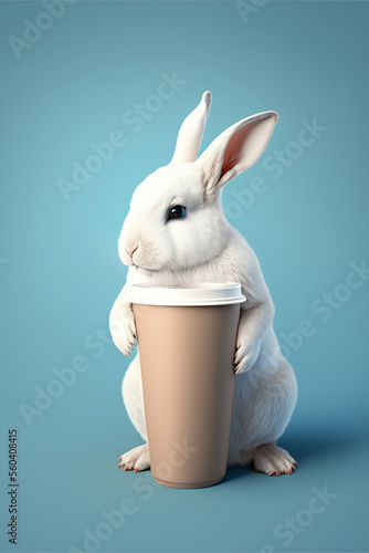 rabbit holding coffee mug mockup with rabbit on blue background. AI Generated mockup of a cartoonish rabbit hold coffee mug. Blank Cup mock up. photo