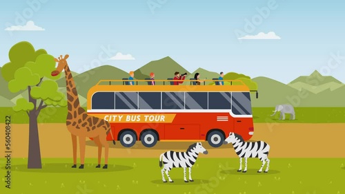 Seamless loopable bus driving in a safari zoo 2d animation cartoon in 4k