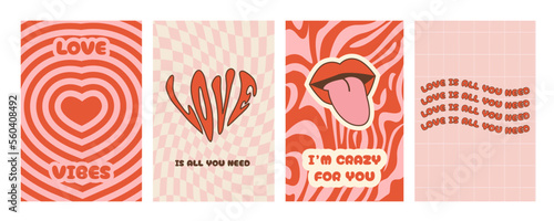 Happy Valentines day greeting card with inspirational slogan. Set of funky groovy hippie love posters. Abstract background in trendy retro 60s 70s cartoon style. Vector illustration.