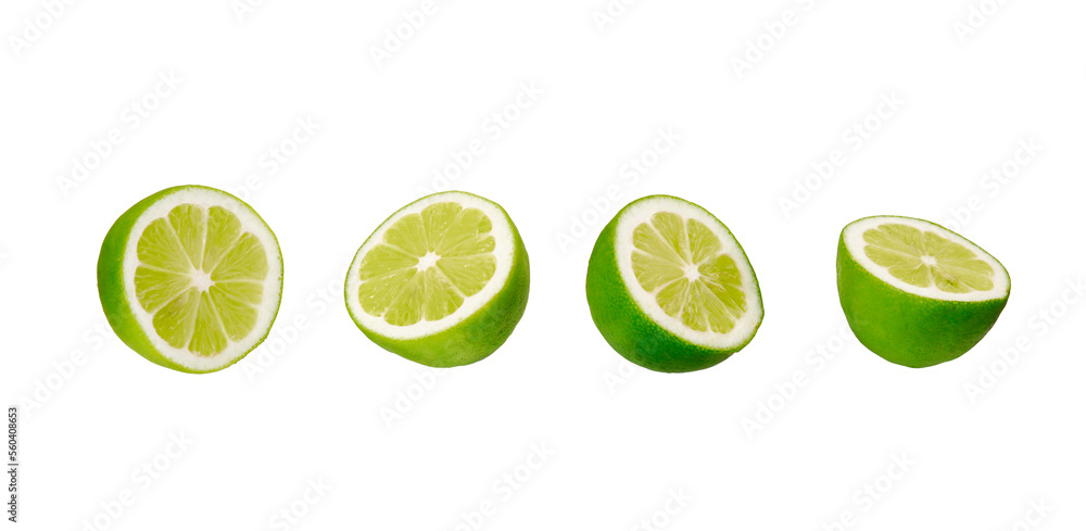 halved pieces of green limes isolated on layered png format background