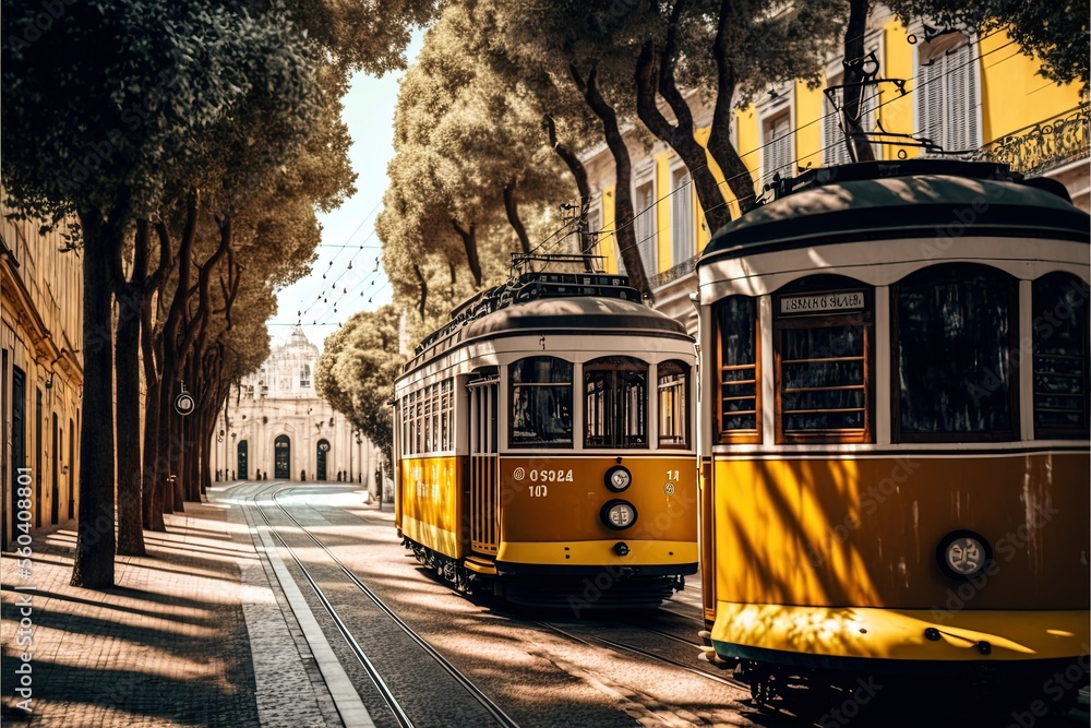Naklejka premium Traditional yellow trams on a street in Lisbon, Portugal