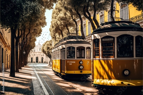 Traditional yellow trams on a street in Lisbon, Portugal
